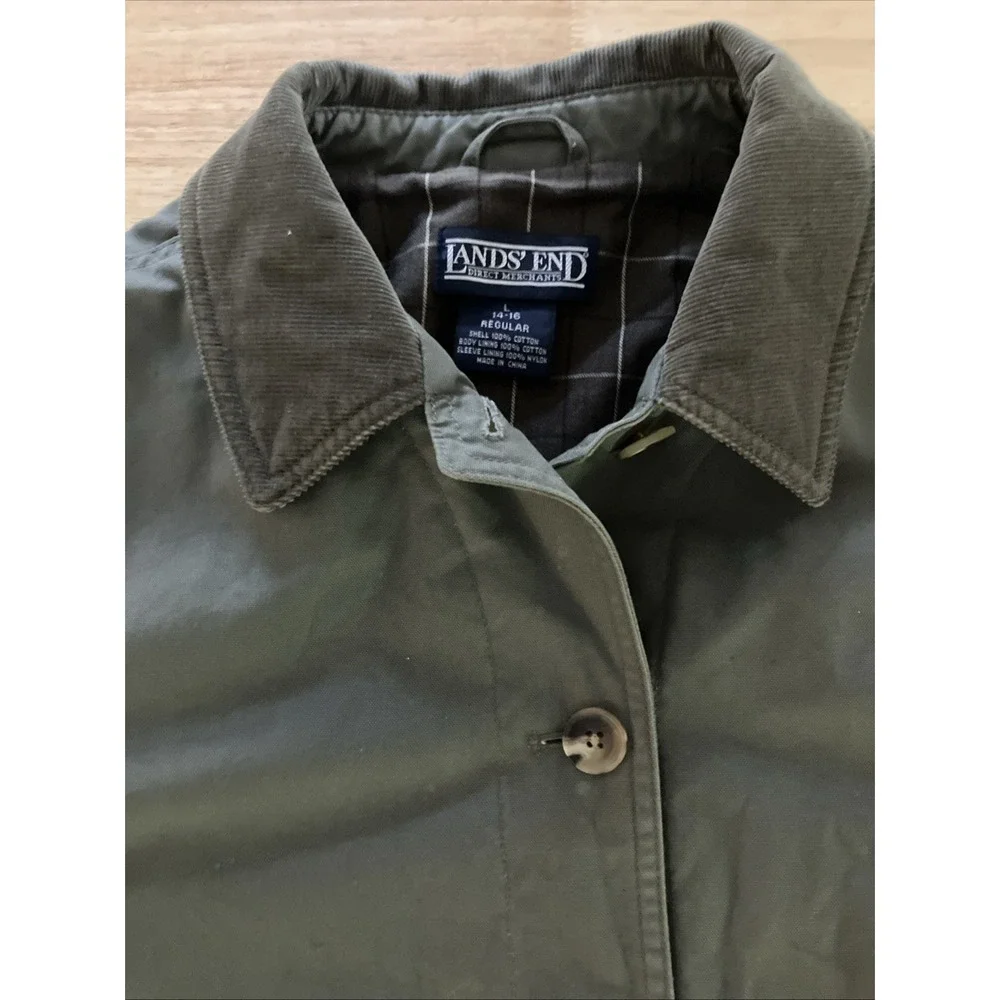 Lands' End Barn Coat Mens Large Green Canvas Field Jacket Corduroy Plaid Lined